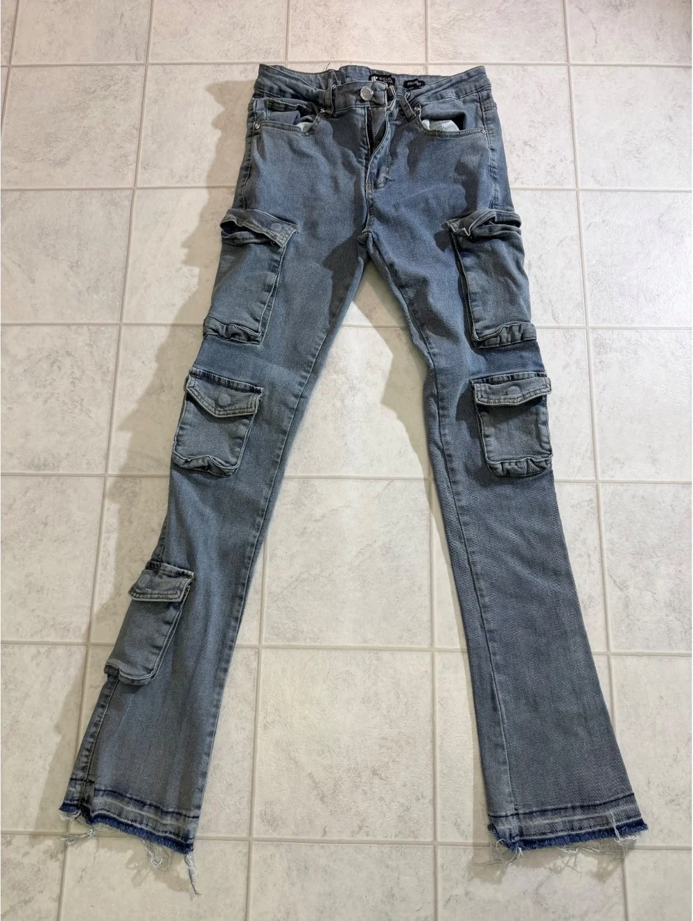 Waima New Yor Stack Fit Cargo Jeans, Size 32x36, Light Blue Denim